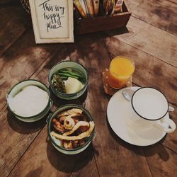 High angle view of breakfast on table