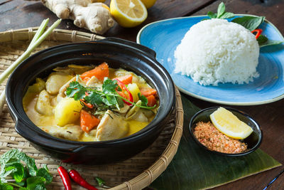 High angle view of food in bowl on table