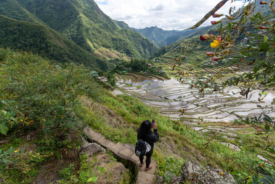 Rear view of man walking on mountain