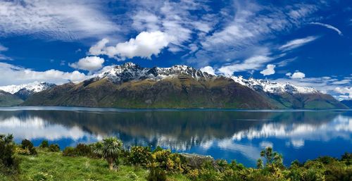 Scenic view of lake and mountains against sky