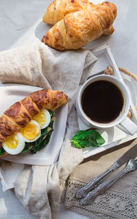 High angle view of breakfast served on table