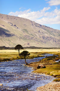 Scenic view of river by mountains against sky