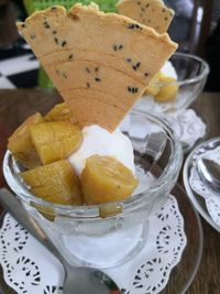 High angle view of ice cream in bowl on table