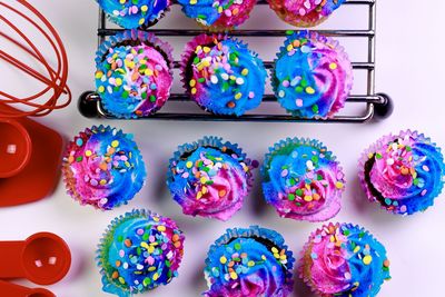 High angle view of multi colored candies on table