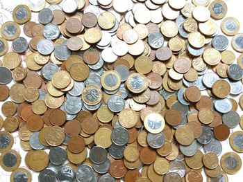 High angle view of coins on floor