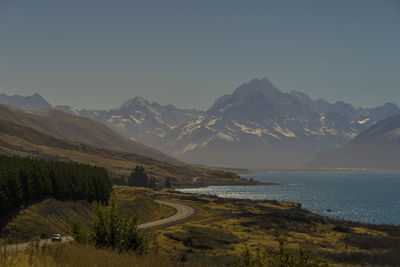 Scenic view of sea and mountains against sky