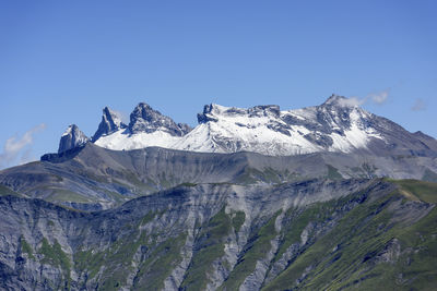 Ridges of aiguilles d'arves in the background with snow during summer, france.