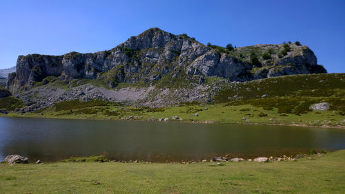 Scenic view of lake with mountain range in background