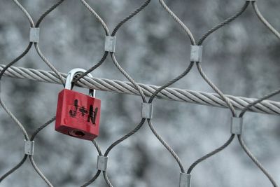 Close-up of padlocks on chainlink fence