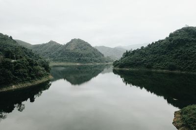 Scenic view of lake by trees against sky