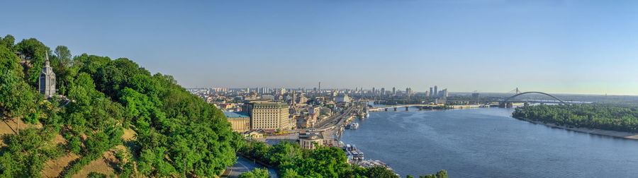 View of the dnieper river and the city of kyiv, ukraine, from the pedestrian bridge 