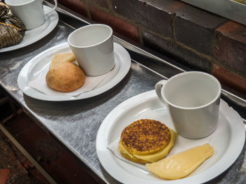 High angle view of breakfast served on table