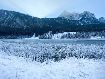 Scenic view of snow covered mountains against sky