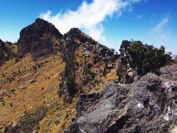 Low angle view of mountain against blue sky
