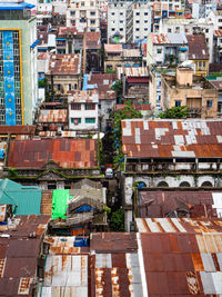 High angle view of old buildings in yangon, myanmar