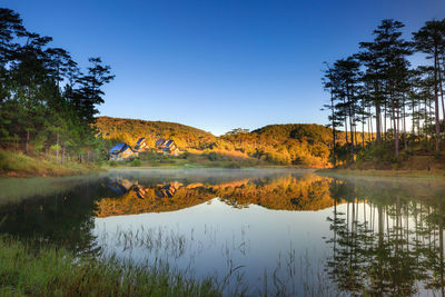 Scenic view of lake by mountain against sky