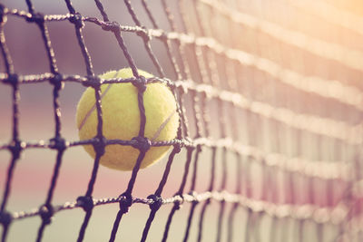 Close-up of tennis ball on net