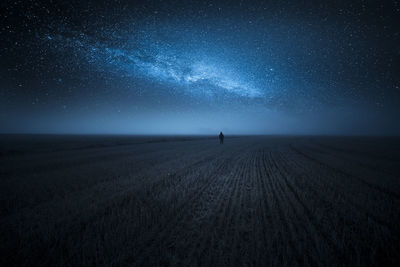 Person on agricultural field against star field