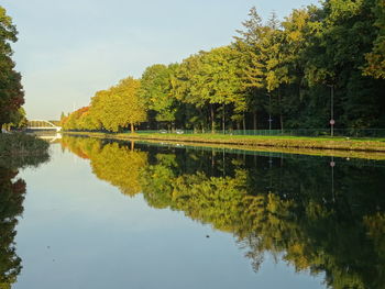 Scenic view of lake by trees against sky