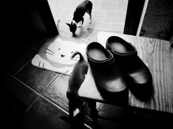 High angle view of people sitting on tiled floor