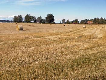 Hay bales on field against sky