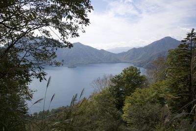 Scenic view of lake and mountains against sky