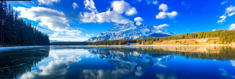 Panoramic view of lake and mountains against sky