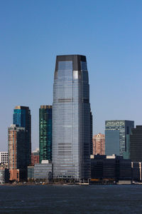 Modern buildings against clear blue sky