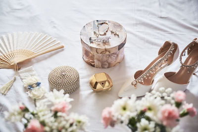 High angle view of seashells on table