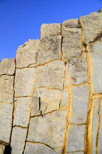 Low angle view of wall against blue sky