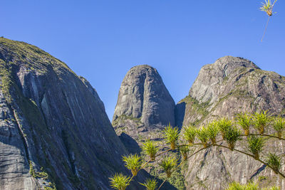 Low angle view of rocks against clear blue sky