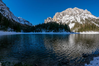 Scenic view of lake by snowcapped mountain against sky