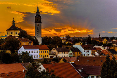 High angle view of townscape against sky at sunset