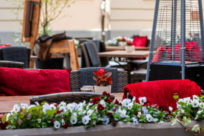 Close-up of empty table outside restaurant, cafe on street sidewalk, flowers bouquet in flowerpot