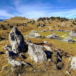 High angle view of rocks on field against sky