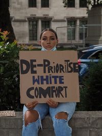 Portrait of young woman with text