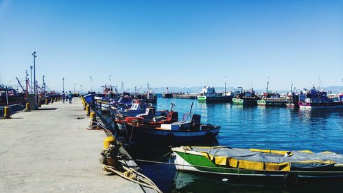 Boats moored at harbor against clear sky