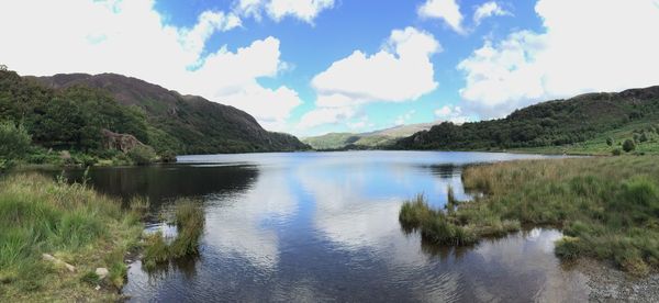 Scenic view of lake against cloudy sky