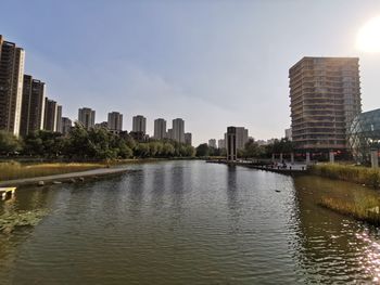 River by city buildings against sky