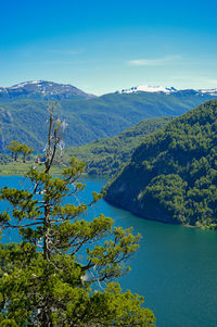 Scenic view of lake and mountains against blue sky
