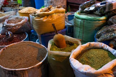 Herbs and spices for sale at market stall