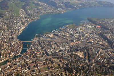 High angle view of illuminated buildings in city