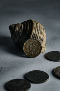 Close-up of coins on table