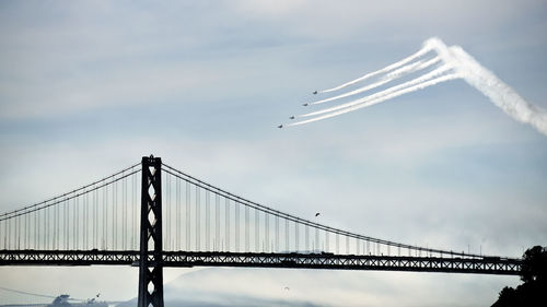 Low angle view of suspension bridge against sky