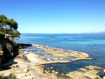 Scenic view of sea against clear blue sky