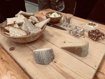 High angle view of bread in basket on table