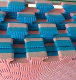 High angle view of chairs on table