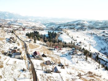 High angle view of snow covered landscape