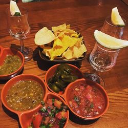 High angle view of meal served on table