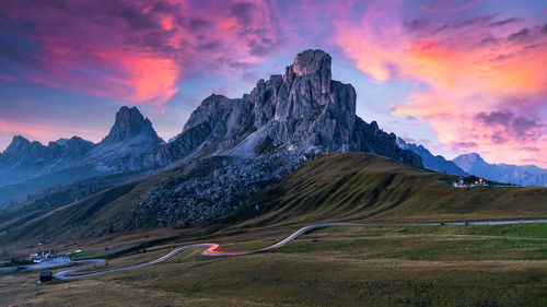 Mountain road in italy alps, giau pass high alpine, passo giau popular travel destination  dolomites